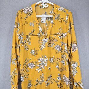 Maurices Women's Plus Size 1 Blouse, Yellow Floral Print, Roll Tab Sleeve, NWT